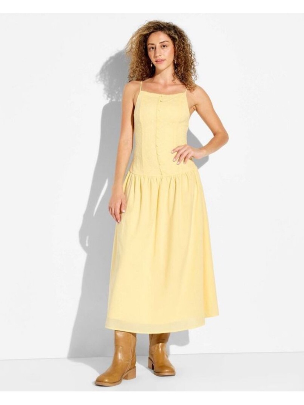 Sunny Yellow drop waist Spaghetti-Strap Midi Dress